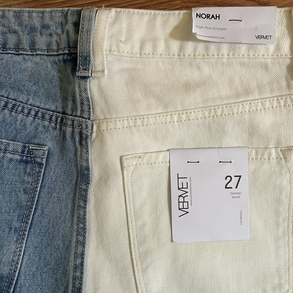 VERVET Norah Crossover Fly Colorblock Jeans 27 High Rise Straight Two Tone NWT - Picture 7 of 12